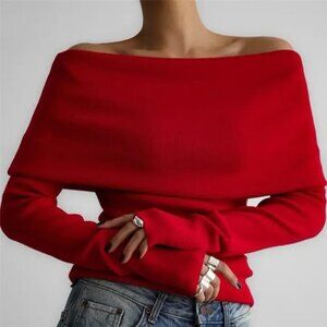 Off-Shoulder Red Foldover Sweater Top